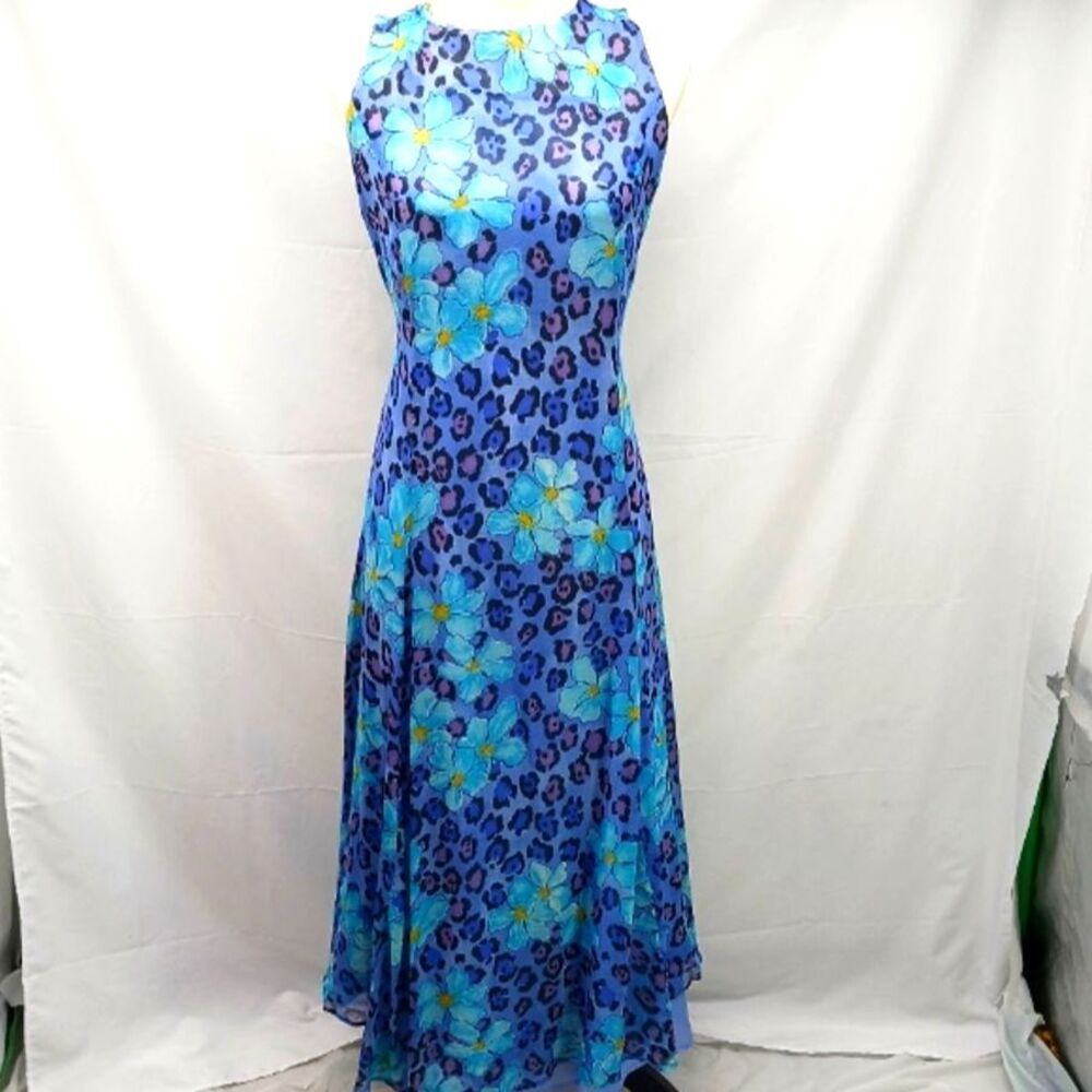 Crossing Pointe Blue Floral & Leopard Print Silk Maxi Dress Lined Sleeveless 14.